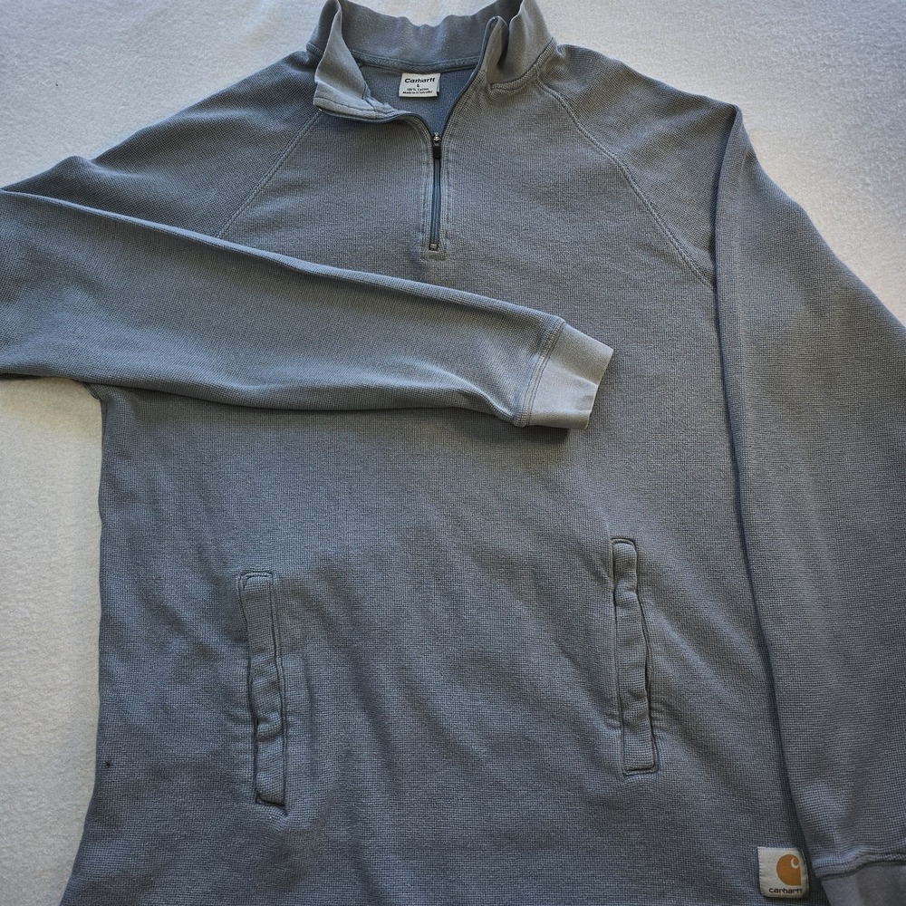 Carhartt 1/4 Zip Pullover Mens Large L Blue Waffle Knit Thermal Sweatshirt...